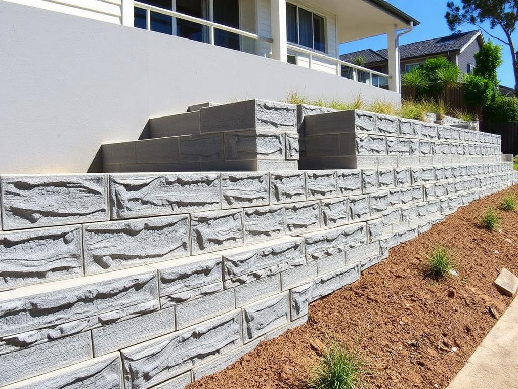 Concrete segmental retaining wall installed on a landscaped site